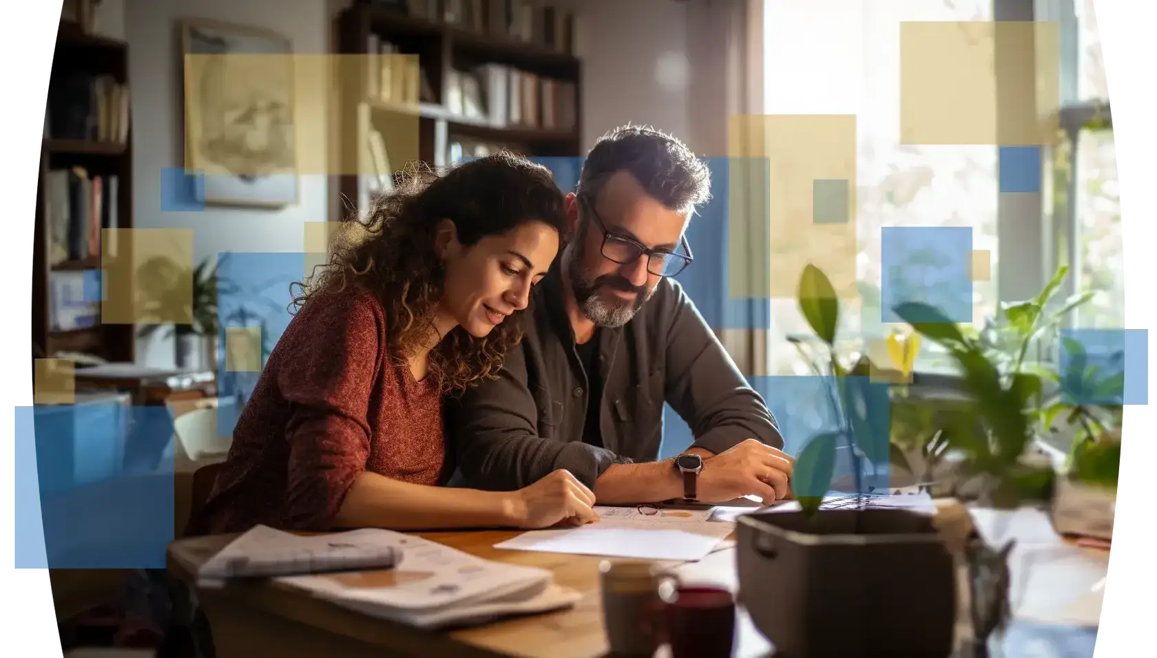Man and woman couple analyzing papers on desk