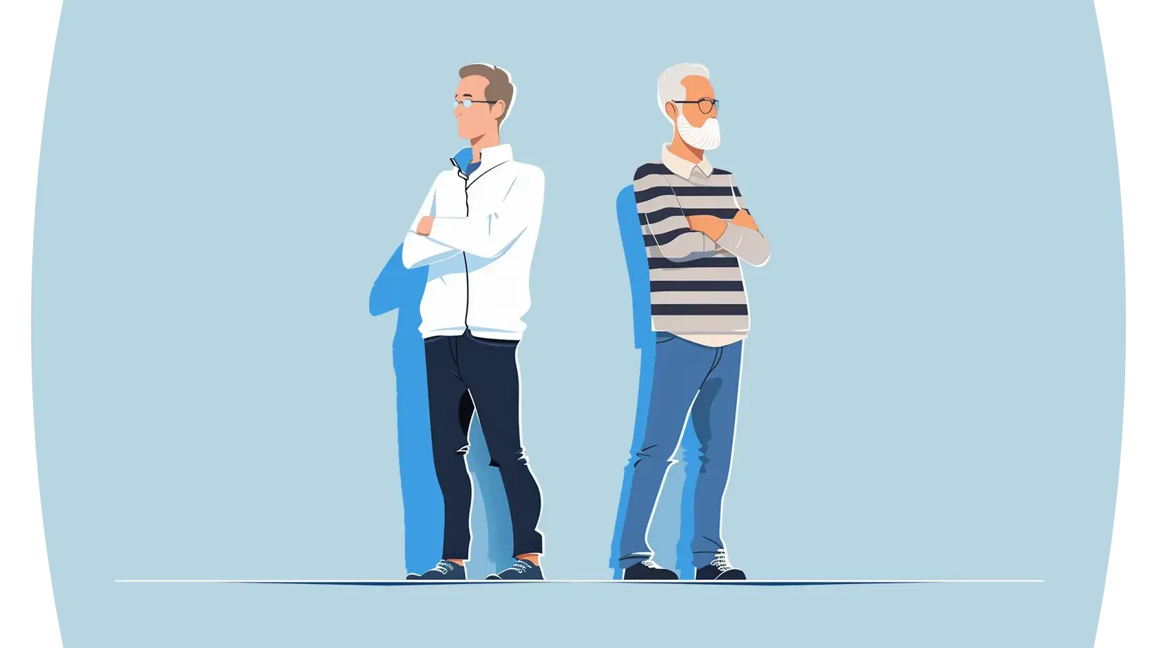 Illustration of two figures standing side by side against a light blue background