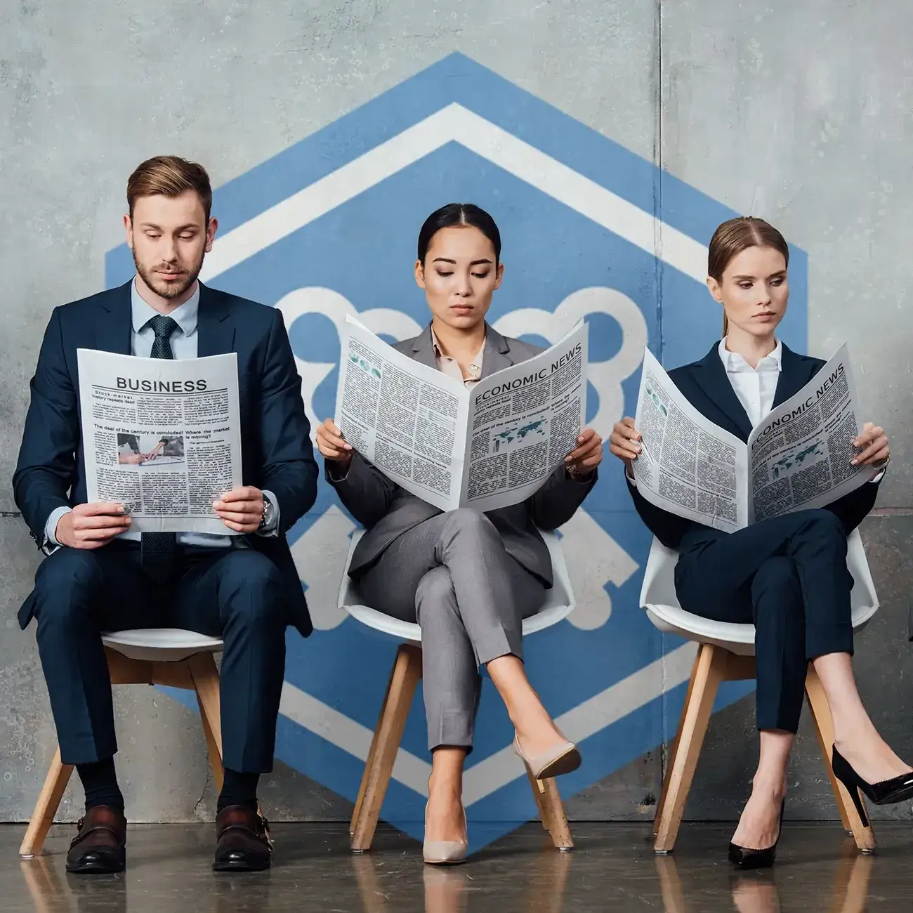 Image representing three people sitting on chairs and reading business and economy related newspapers against concrete wall with Tontine Trust logo