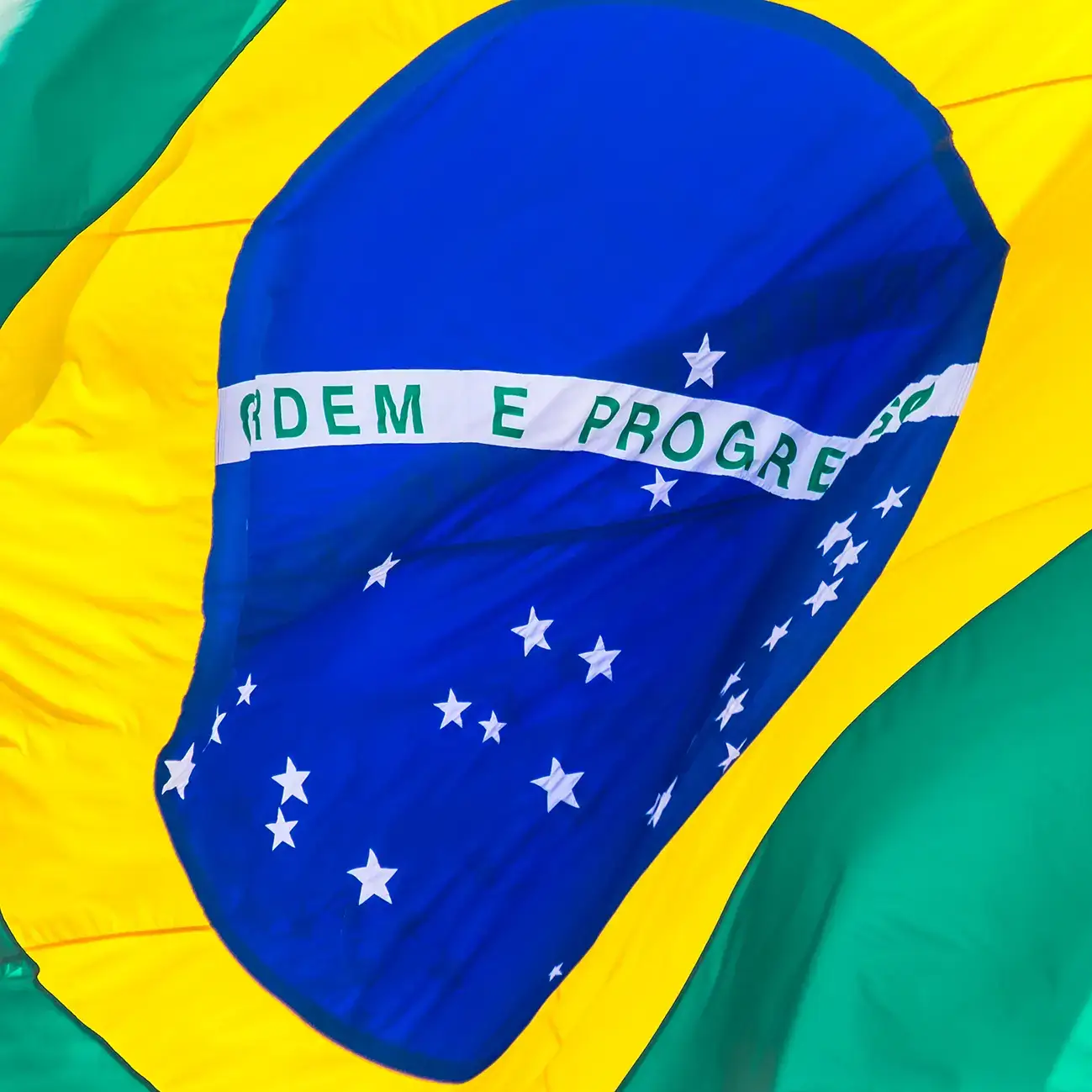 Close-up image of the rippled flag of Brazil
