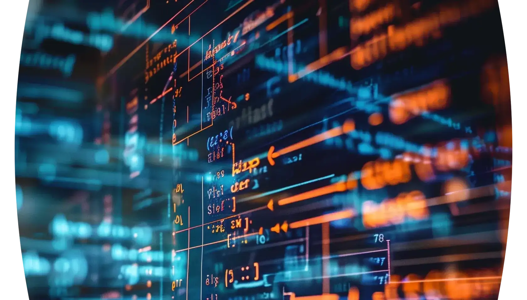 Image depicting a digital composite of layered computer code, conveying depth and complexity in a high-tech environment